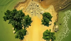 Превью обои остров, деревья, море, вид сверху, камни