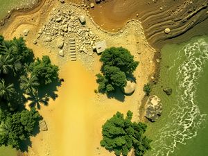 Превью обои остров, деревья, море, вид сверху, камни