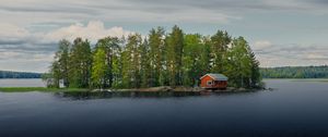 Превью обои остров, дом, река, деревья, вода, природа