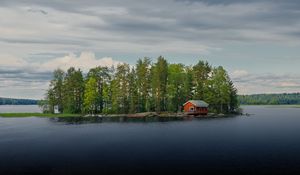 Превью обои остров, дом, река, деревья, вода, природа