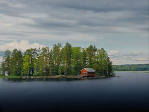 Превью обои остров, дом, река, деревья, вода, природа