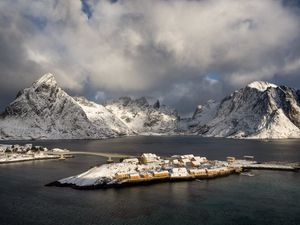 Превью обои остров, горы, снег, море, дома