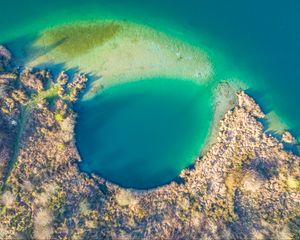 Превью обои остров, лагуна, вид сверху, море, тропики