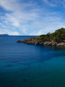 Превью обои остров, море, деревья, пейзаж, природа, горизонт