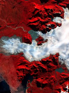 Превью обои остров, море, рельеф, вид сверху, красный