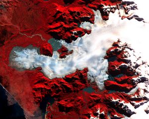 Превью обои остров, море, рельеф, вид сверху, красный