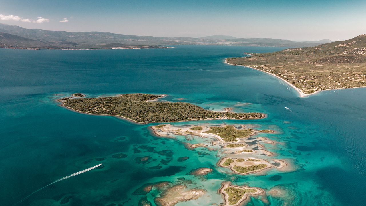 Обои остров, море, вид сверху, агиос-константинос, греция