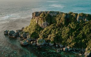 Превью обои остров, море, вид сверху, скала, вода