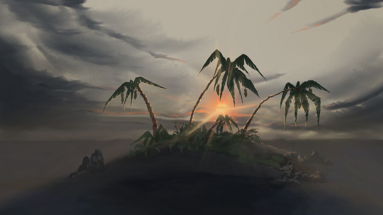 Обои остров, пальмы, закат, пейзаж, арт