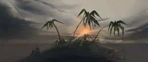 Превью обои остров, пальмы, закат, пейзаж, арт