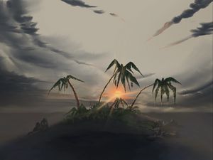 Превью обои остров, пальмы, закат, пейзаж, арт