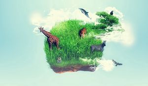 Превью обои остров, трава, жираф, животные, воображение