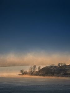 Превью обои остров, туман, облака, море, пейзаж