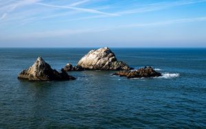 Превью обои острова, скалы, море, камни, вода, горизонт, природа