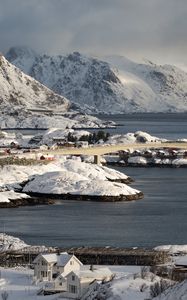 Превью обои острова, снег, море, дома