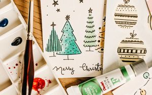 Превью обои открытки, краски, кисточка, рисование, рождество, новый год