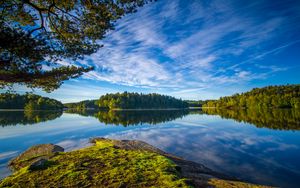 Превью обои озеро, берег, деревья, пейзаж, вода, отражение