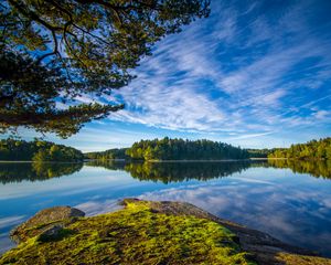 Превью обои озеро, берег, деревья, пейзаж, вода, отражение