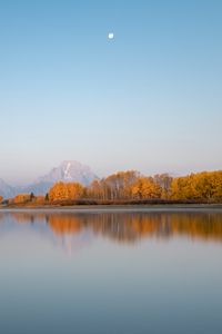 Превью обои озеро, берег, деревья, гора, луна, пейзаж