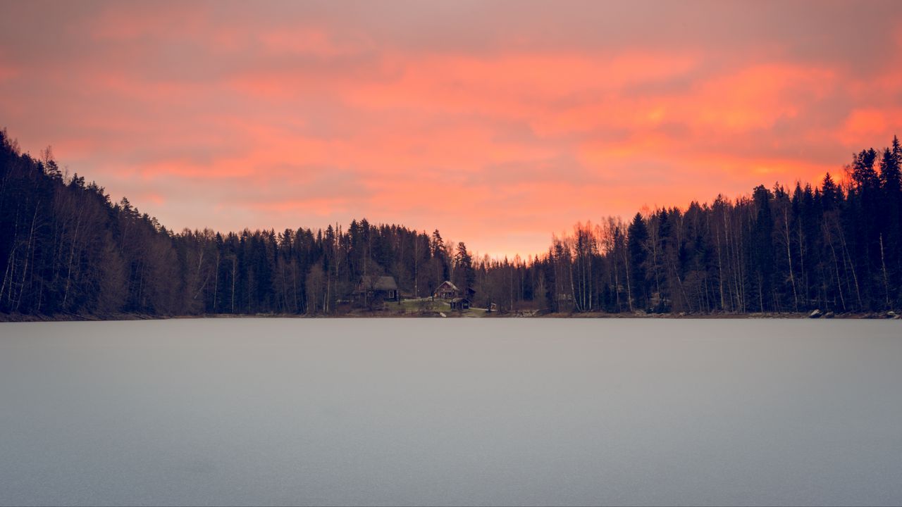 Обои озеро, берег, лес, дома, закат, сумерки