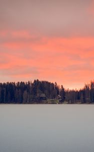 Превью обои озеро, берег, лес, дома, закат, сумерки