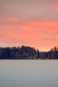 Превью обои озеро, берег, лес, дома, закат, сумерки