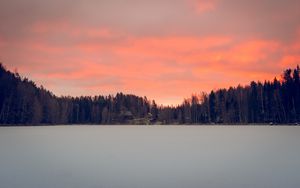 Превью обои озеро, берег, лес, дома, закат, сумерки