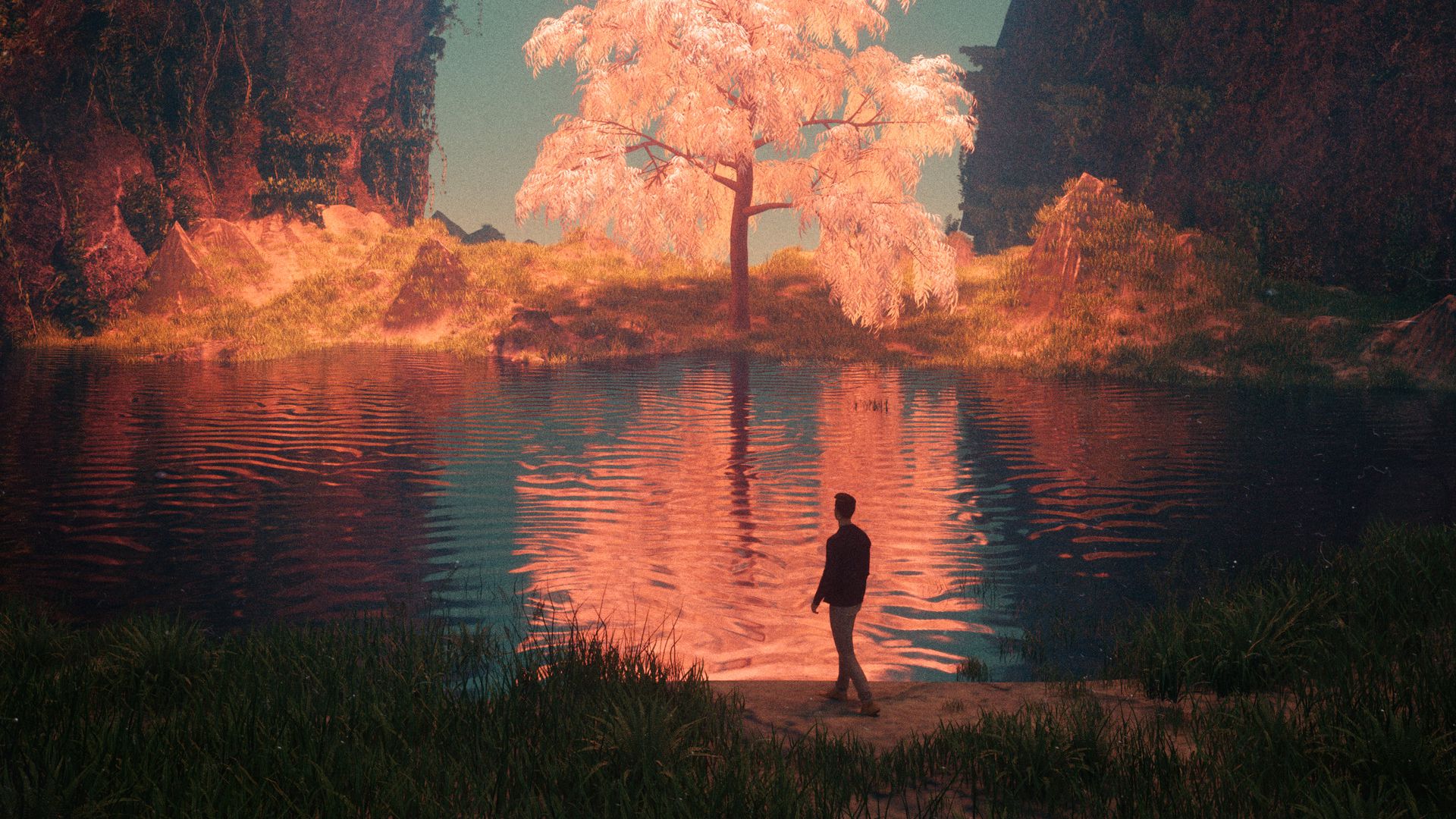 Большое дерево на озере арт