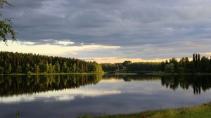Превью обои озеро, деревья, берег, трава, пейзаж