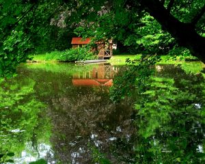 Превью обои озеро, деревья, домик, причал, отражение, лето