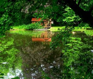 Превью обои озеро, деревья, домик, причал, отражение, лето