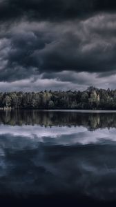 Превью обои озеро, деревья, горизонт, отражение, облака, темный, пасмурно