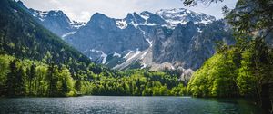 Превью обои озеро, деревья, горы, природа