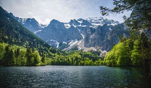 Превью обои озеро, деревья, горы, природа