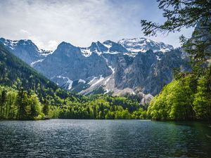 Превью обои озеро, деревья, горы, природа