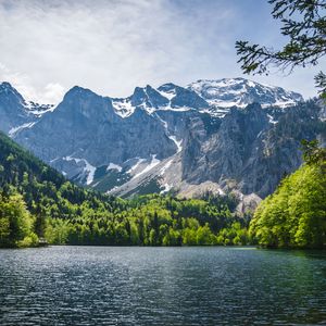 Превью обои озеро, деревья, горы, природа