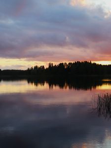 Превью обои озеро, деревья, лес, облака, небо, закат, пейзаж, темный