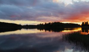 Превью обои озеро, деревья, лес, облака, небо, закат, пейзаж, темный