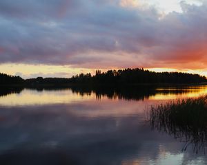 Превью обои озеро, деревья, лес, облака, небо, закат, пейзаж, темный