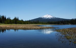 Превью обои озеро, деревья, лес, гора, пейзаж