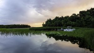 Превью обои озеро, деревья, лодка, сумерки, пейзаж