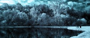 Превью обои озеро, деревья, облака, мрачные, черно-белые