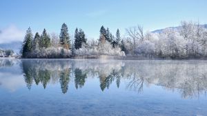 Превью обои озеро, деревья, снег, отражение, пейзаж, зима