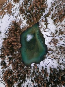 Превью обои озеро, деревья, вид сверху, снег, зима