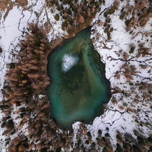 Превью обои озеро, деревья, вид сверху, снег, зима