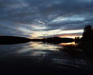 Превью обои озеро, деревья, закат, небо, облака