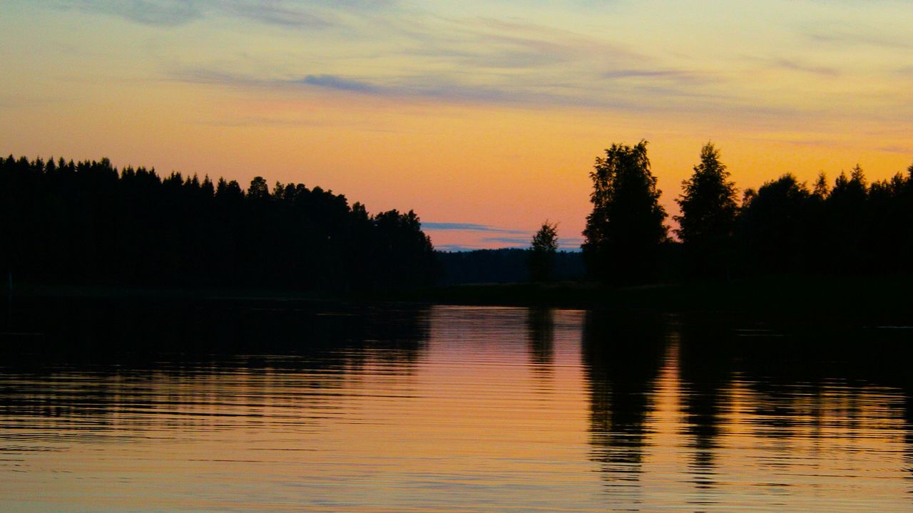 Обои озеро, деревья, закат, отражение