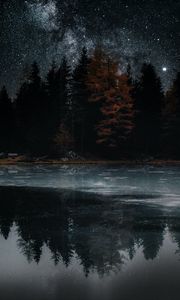 Превью обои озеро, деревья, звезды, отражение, ночь, темный