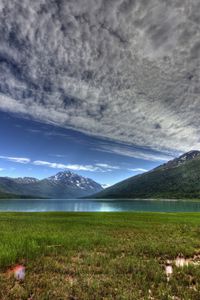 Превью обои озеро эклутна, аляска, горы, hdr, небо