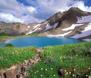 Превью обои озеро, горы, альпы, зелень, национальный парк, голубая вода, камни